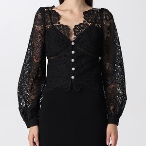 Self-Portrait Black Floral Guipure Puff Sleeve Blouse